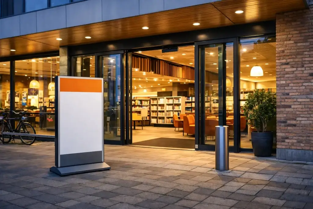Moderne bibliotheek met open ingang en warme verlichting