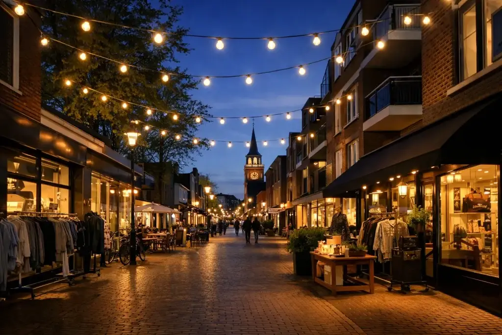 Sfeervolle winkelstraat in de avond met verlichting en winkels in Berkel en Rodenrijs