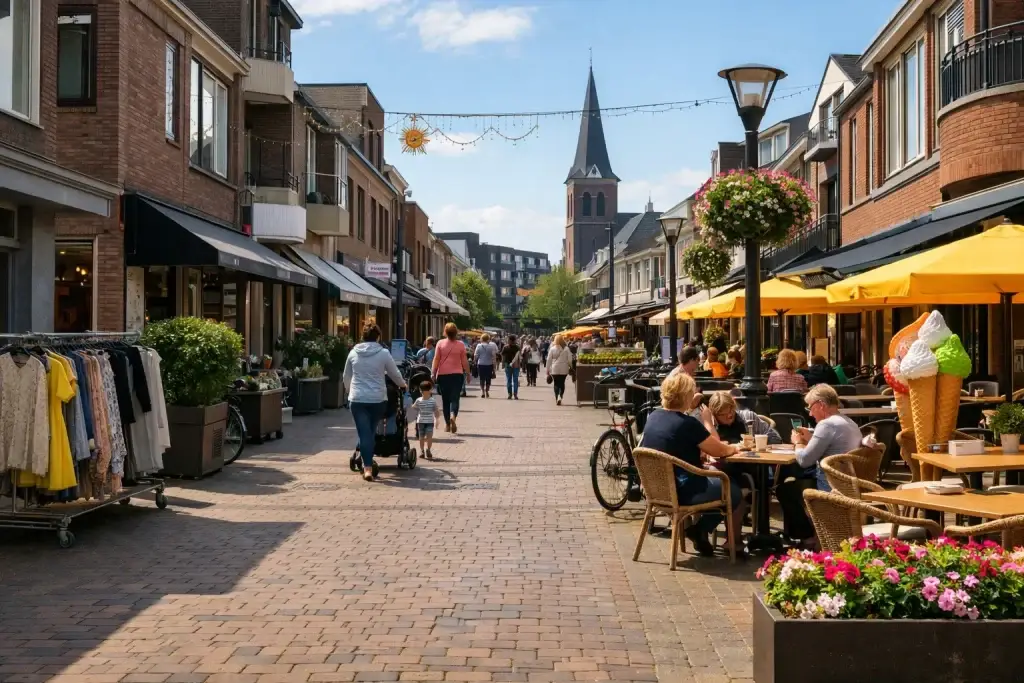 Gezellige winkelstraat met mensen op zondag in Berkel en Rodenrijs