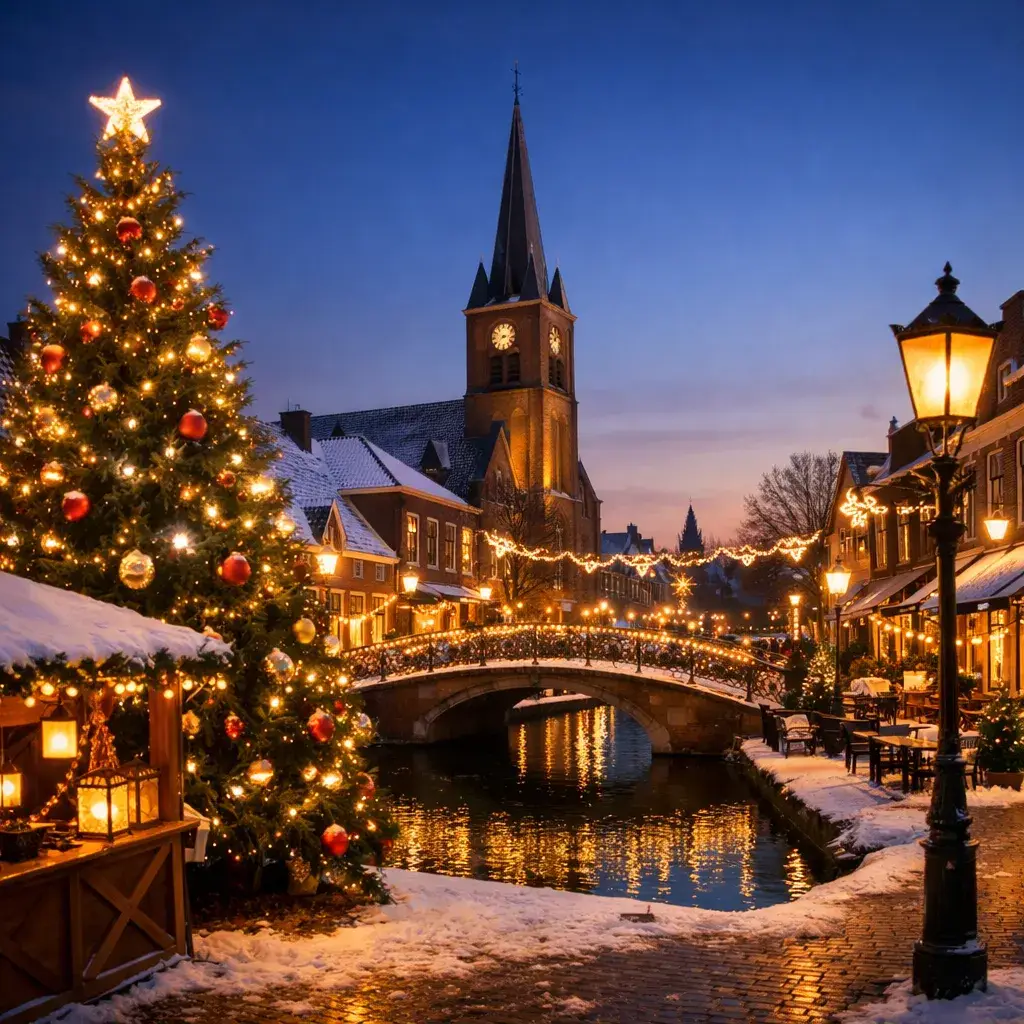 Verlichte kerstboom en brug in winters dorp bij avond