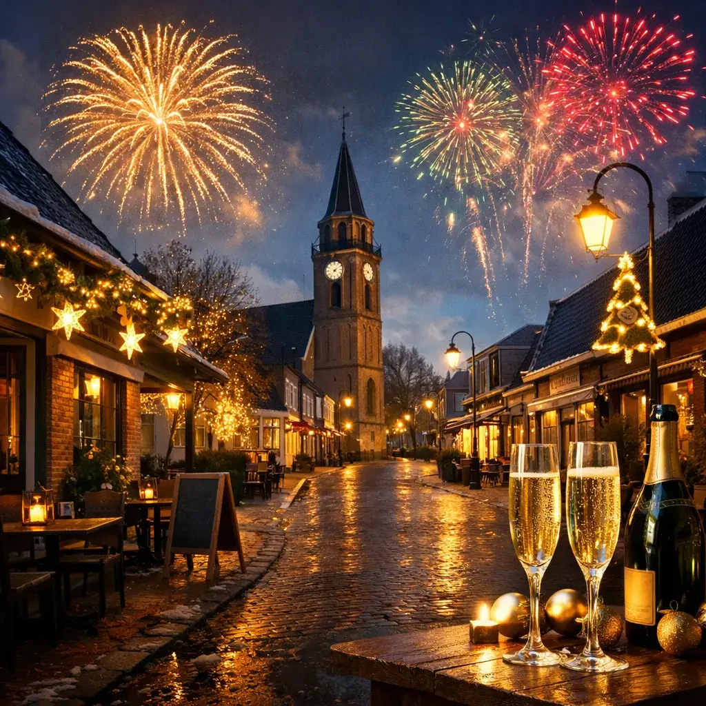 Feestelijke straat in Berkel en Rodenrijs met vuurwerk tijdens oud en nieuw