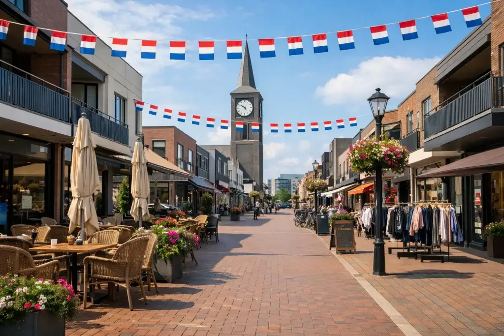 Winkelstraat met terras en winkels in Berkel en Rodenrijs