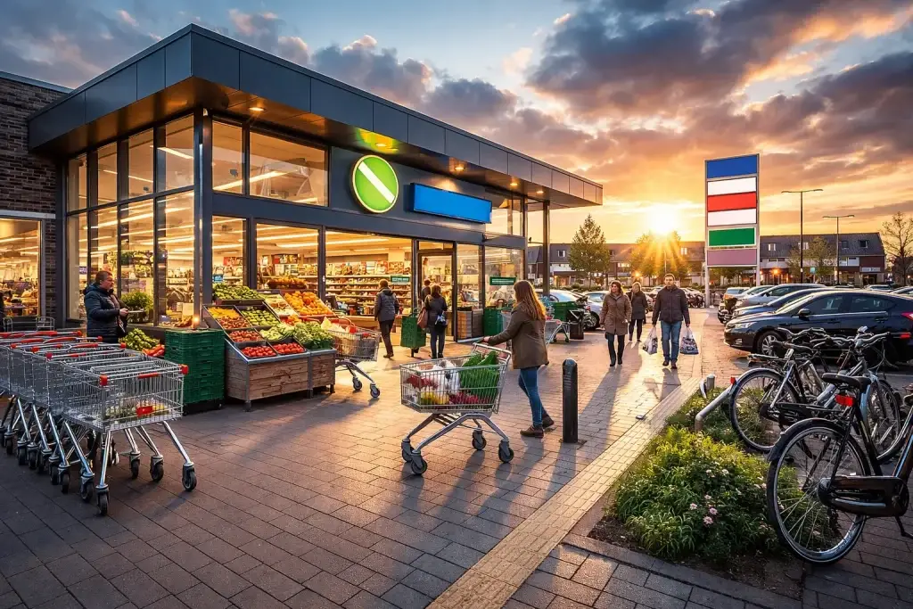 Moderne supermarkt buitenkant overdag