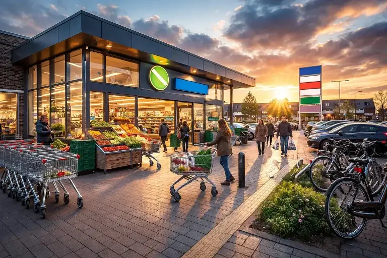 Moderne supermarkt buitenkant overdag