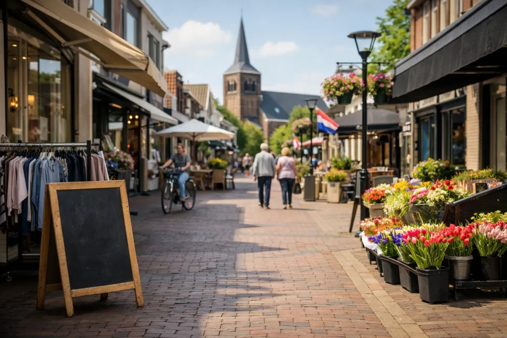 Winkelstraat met bloemen en winkels in Berkel en Rodenrijs