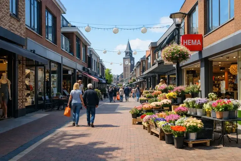 Drukke winkelstraat in Berkel en Rodenrijs met winkels en bezoekers