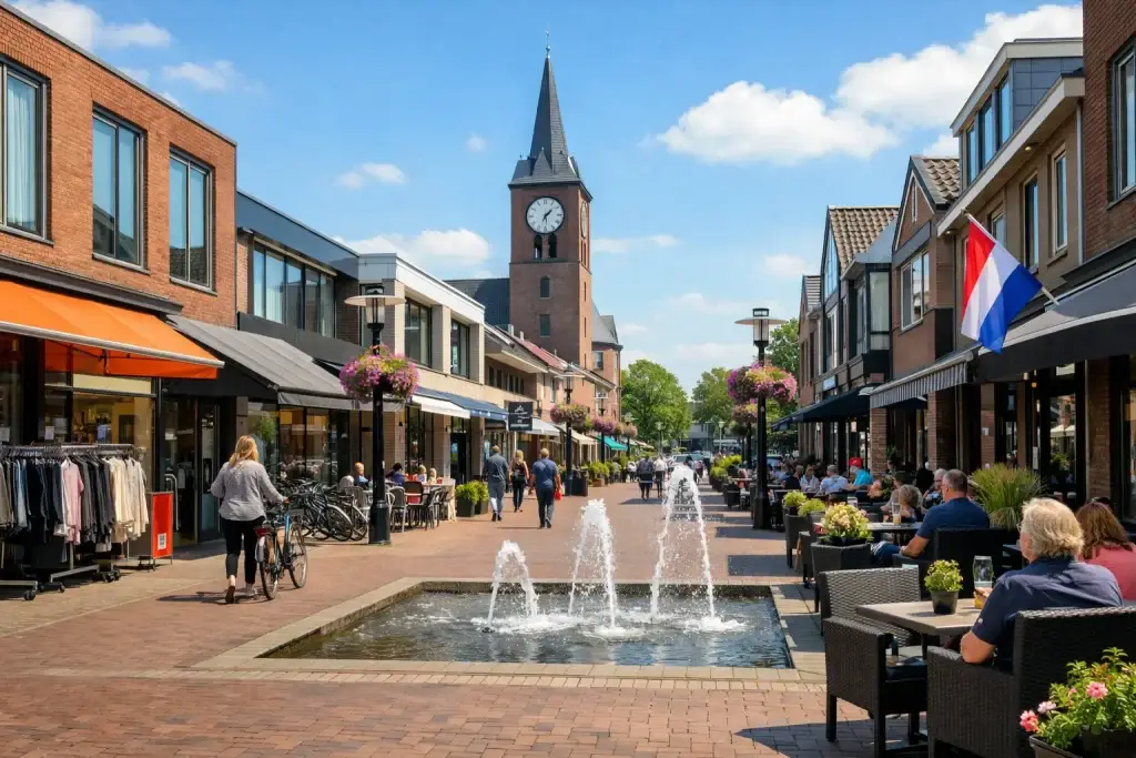 Winkelstraat met terras en fontein in Berkel en Rodenrijs