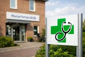 Moderne huisartsenpraktijk met groen medisch symbool bij ingang
