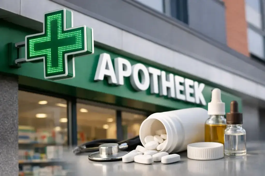 Home Gevel van een apotheek met groen kruis en medicijnen op de voorgrond