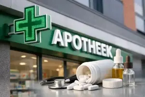 Gevel van een apotheek met groen kruis en medicijnen op de voorgrond