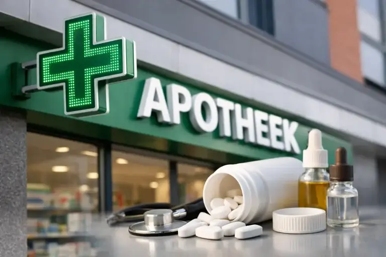 Gevel van een apotheek met groen kruis en medicijnen op de voorgrond