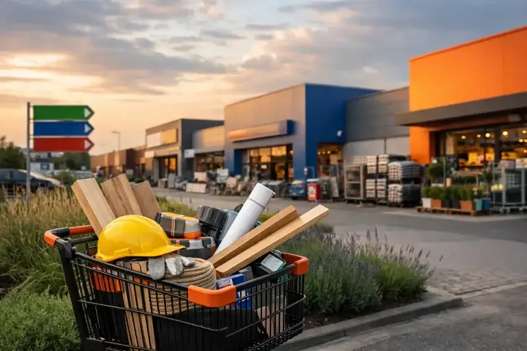 Winkelwagens met bouwmaterialen bij bouwmarkt in Berkel en Rodenrijs
