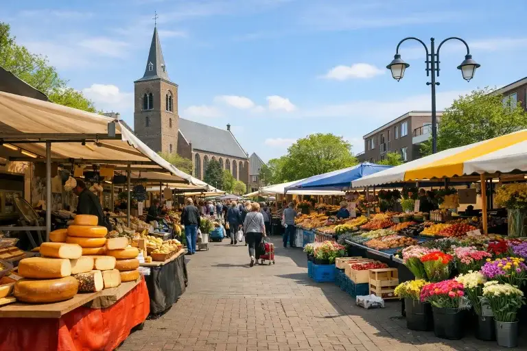 Drukke weekmarkt met kramen en verse producten in Berkel en Rodenrijs